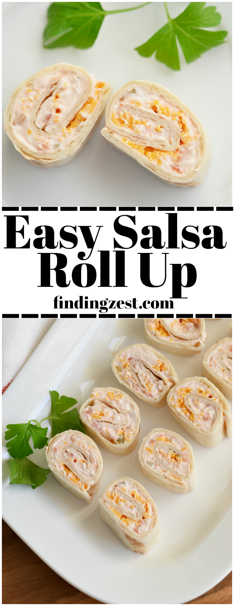 Only four ingredients are required to make this easy salsa roll up recipe! A perfect snack or appetizer for any party, holiday or game day celebration!