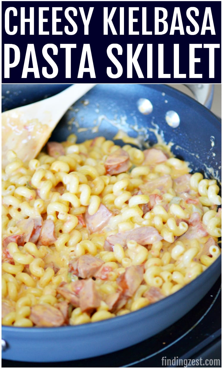 Cheesy Kielbasa Pasta Skillet is a super easy weeknight dinner idea! This kielbasa recipe is a delicious pasta dinner with a spicy kick but that can easily be toned down. Your whole family will love this kielbasa sausage meal.
