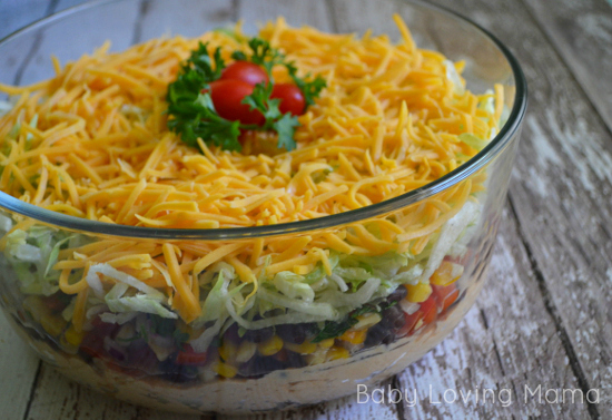 Fiesta Layer Dip with Corn Black Bean Salsa + Fish Tacos