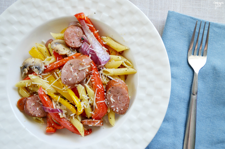 Need a quick dinner recipe? Try this smoked sausage penne pasta recipe that can be on your table in under 30 minutes! Loaded with fresh sauteed vegetables and Parmesan cheese, the whole family will love this meal. Also included are more smoked sausage recipes to try!