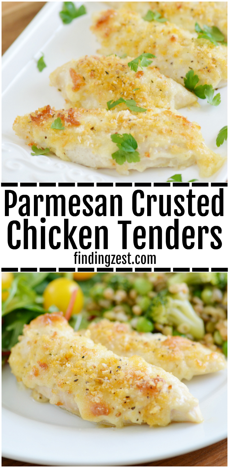 Give these delicious Parmesan Crusted Chicken Tenders a try for your next easy weeknight meal. These homemade chicken tenders have a mild crunchy coating that kids love. The whole family will go nuts for these baked chicken tenders that can be on your table in just 20 minutes!