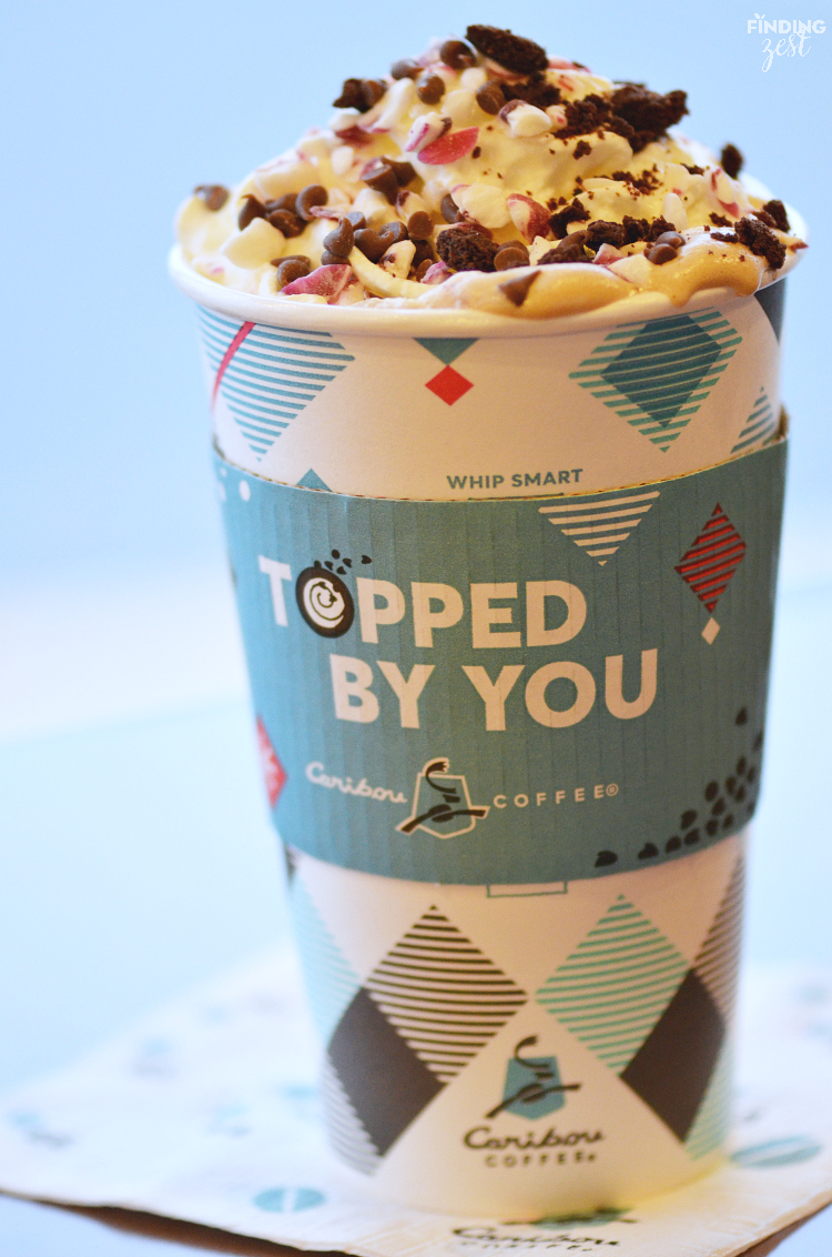 Enjoy Caribou Coffee this holiday season with this Merry Peppermint Mocha you can make at home, gift baskets ideas and Topped By You Tuesdays promotion.