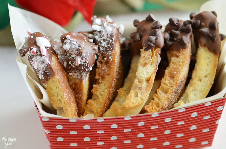 Chocolate Dipped Cinnamon Crisps: These delicious crisps are made from English muffin strips, baked with cinnamon and sugar and dipped in chocolate. 