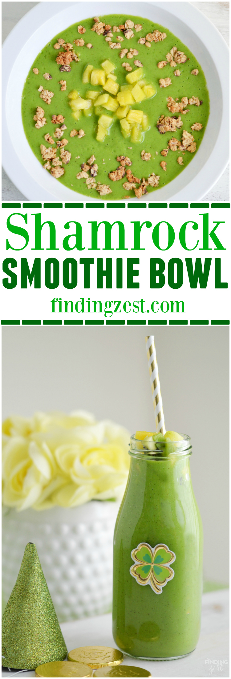 This Shamrock Smoothie Bowl is the perfect green food option for St. Patrick's Day! Kids will love this delicious green smoothie in a bowl or a glass!