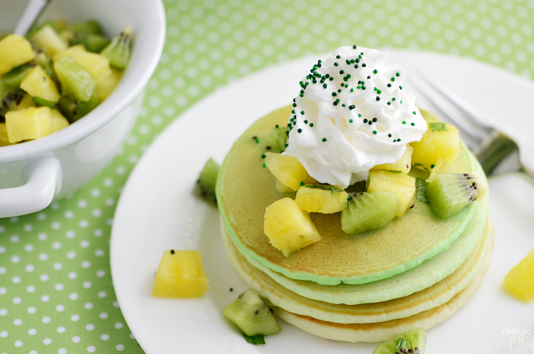 Serve these Green Ombre St. Patrick's Day Pancakes for a delicious breakfast or brunch! Topped with fresh kiwi and pineapple fruit salsa, it is sure to delight.