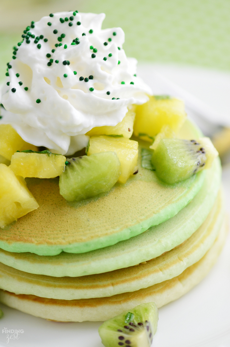 Serve these Green Ombre St. Patrick's Day Pancakes for a delicious breakfast or brunch! Topped fresh kiwi and pineapple fruit salsa, it is sure to delight.