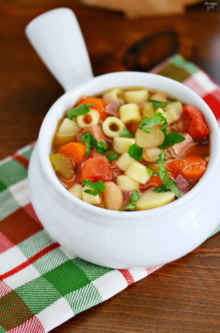 Enjoy this Easy Slow Cooker Minestrone Soup loaded with ham, vegetables and pasta any time you need a hearty meal to warm you up this winter!