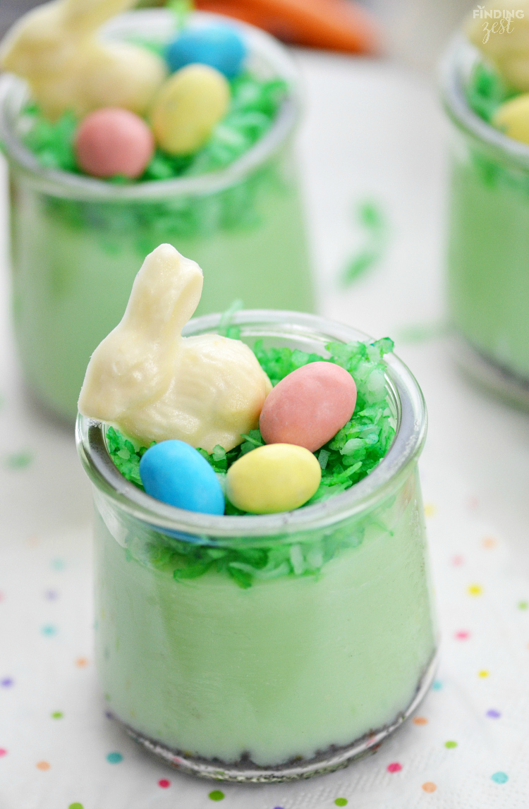 These pistachio pudding dessert parfaits are as adorable as they are delicious. If you need quick and easy Easter desserts, look no further than these no-bake pudding cups with homemade white chocolate bunnies, eggs and coconut grass!