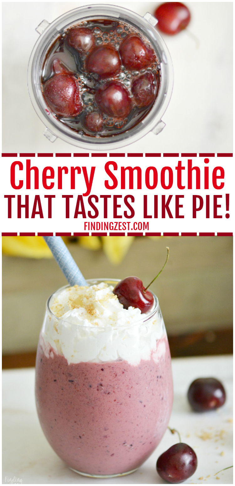 This cherry smoothie recipe is loaded with flavor and tastes like a cherry pie in a glass! This cherry yogurt smoothie offers a one, one two punch with both frozen cherries and tart cherry juice. You'll love this frothy smoothie! #cherry #smoothie #smoothies #drinkrecipes #cherrypie #breakfast #fruits 