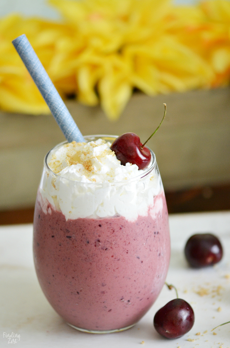 This cherry smoothie recipe is loaded with flavor and tastes like a cherry pie in a glass! This cherry yogurt smoothie offers a one, one two punch with both frozen cherries and tart cherry juice. You'll love this frothy smoothie!