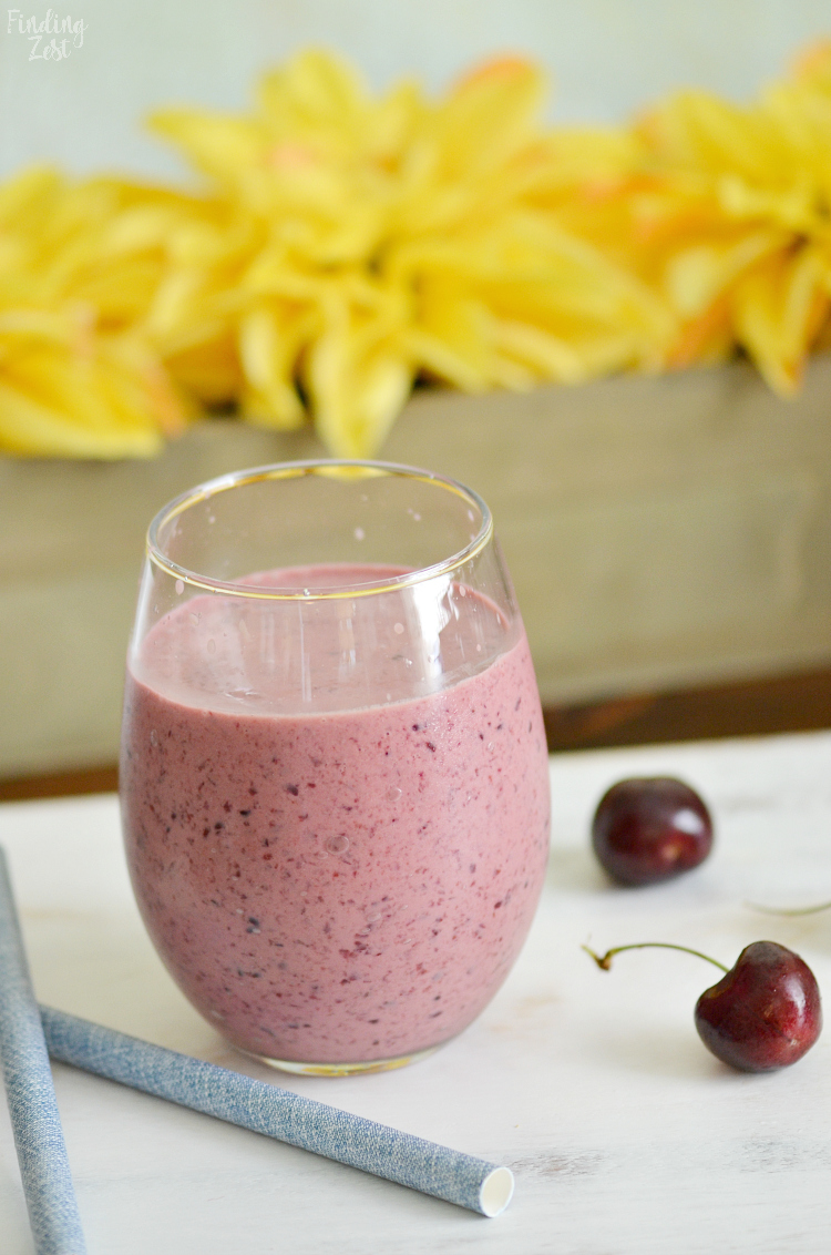 This cherry smoothie recipe is loaded with flavor and tastes like a cherry pie in a glass! This cherry yogurt smoothie offers a one, one two punch with both frozen cherries and tart cherry juice. You'll love this frothy smoothie!