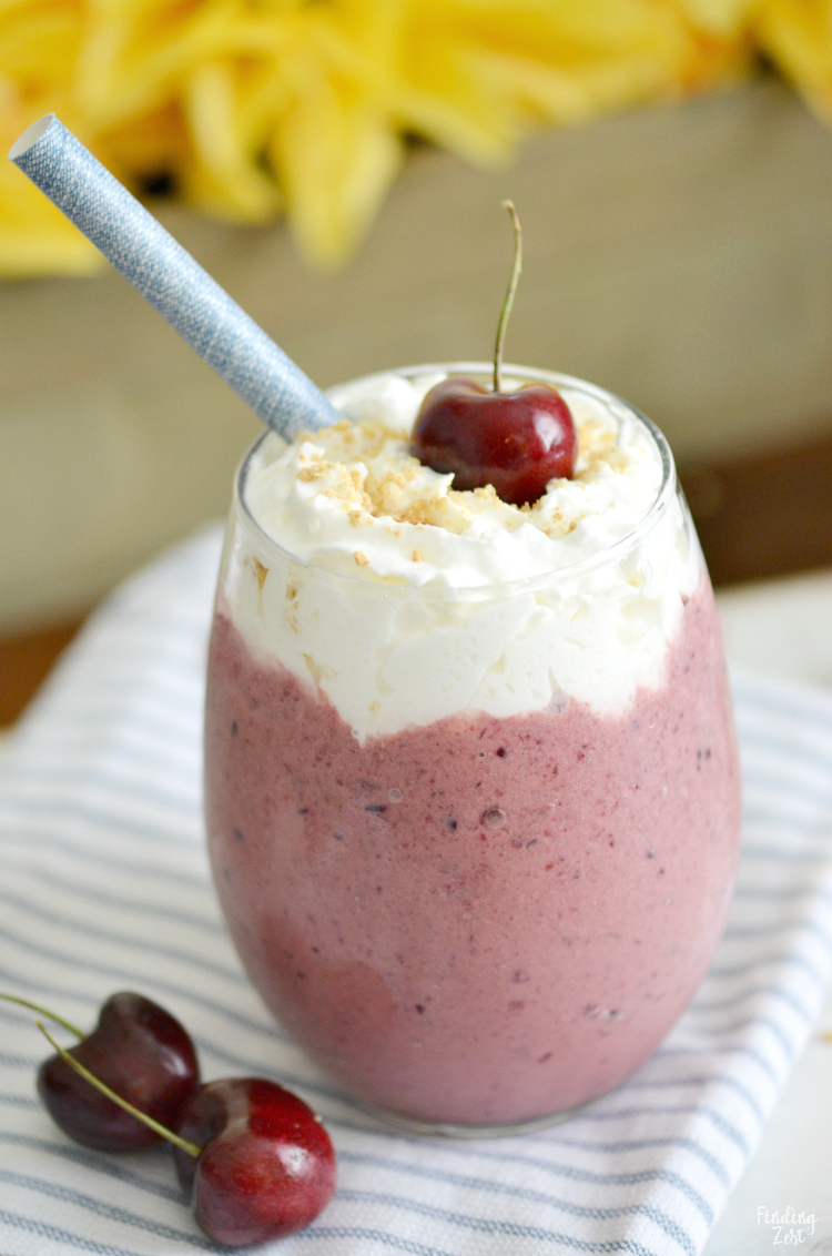 This cherry smoothie recipe is loaded with flavor and tastes like a cherry pie in a glass! This cherry yogurt smoothie offers a one, one two punch with both frozen cherries and tart cherry juice. You'll love this frothy smoothie!