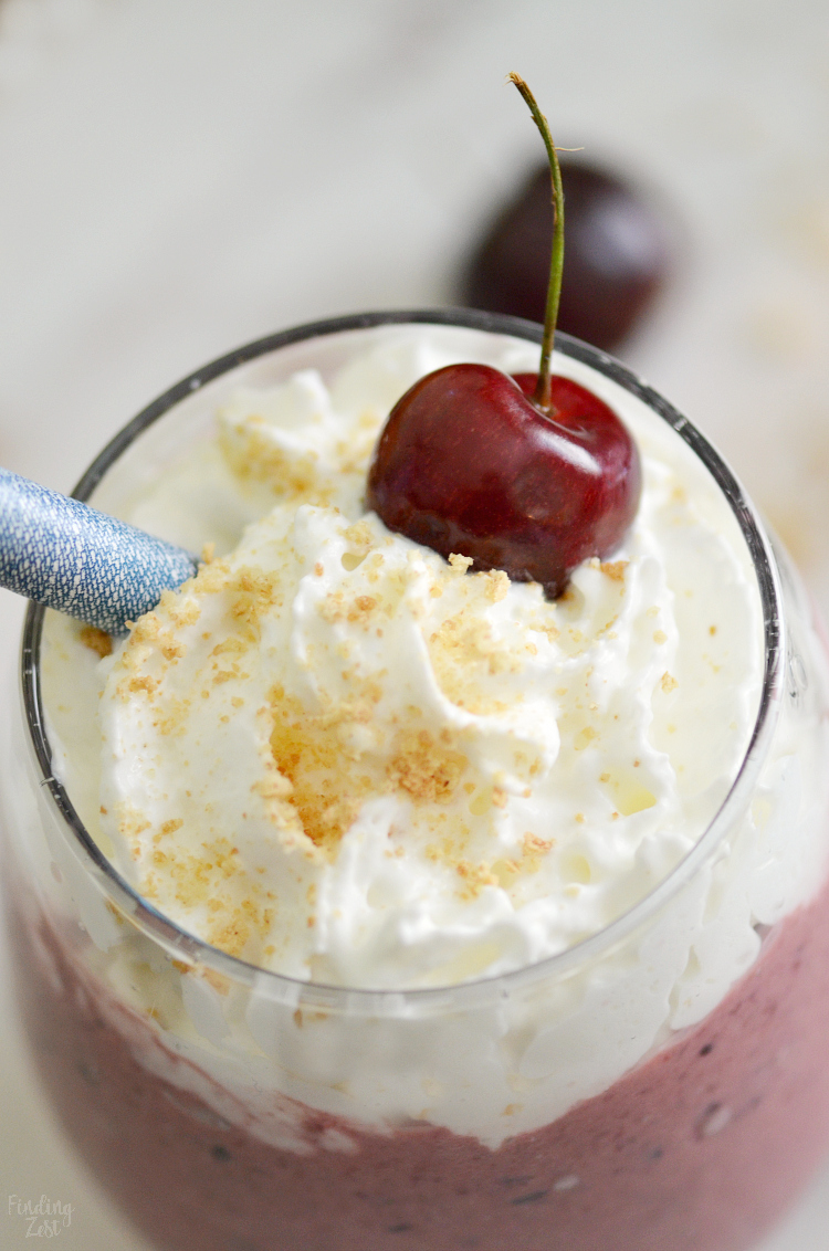 This cherry smoothie recipe is loaded with flavor and tastes like a cherry pie in a glass! This cherry yogurt smoothie offers a one, one two punch with both frozen cherries and tart cherry juice. You'll love this frothy smoothie!