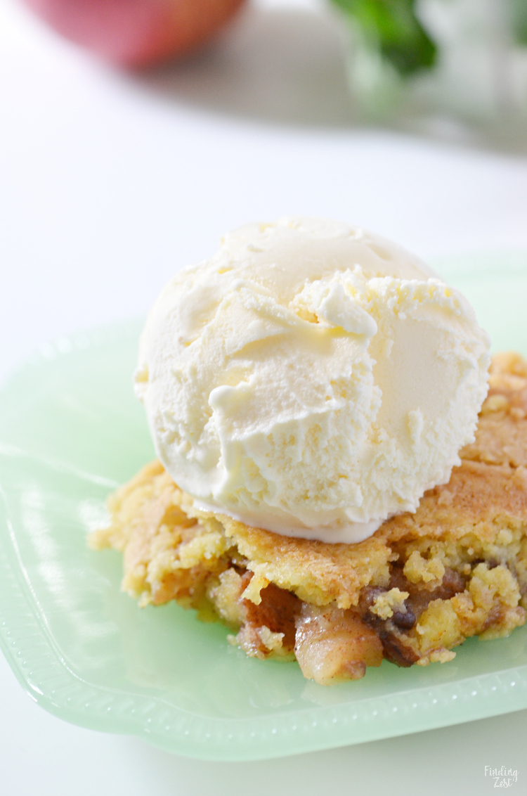 This apple dump cake is a deliciously easy recipe which features fresh apples and a yellow cake mix, no mixer required! The whole family will love this fall dessert served warm with a scoop of vanilla ice cream and you will love how quick this dump cake recipe is to make!