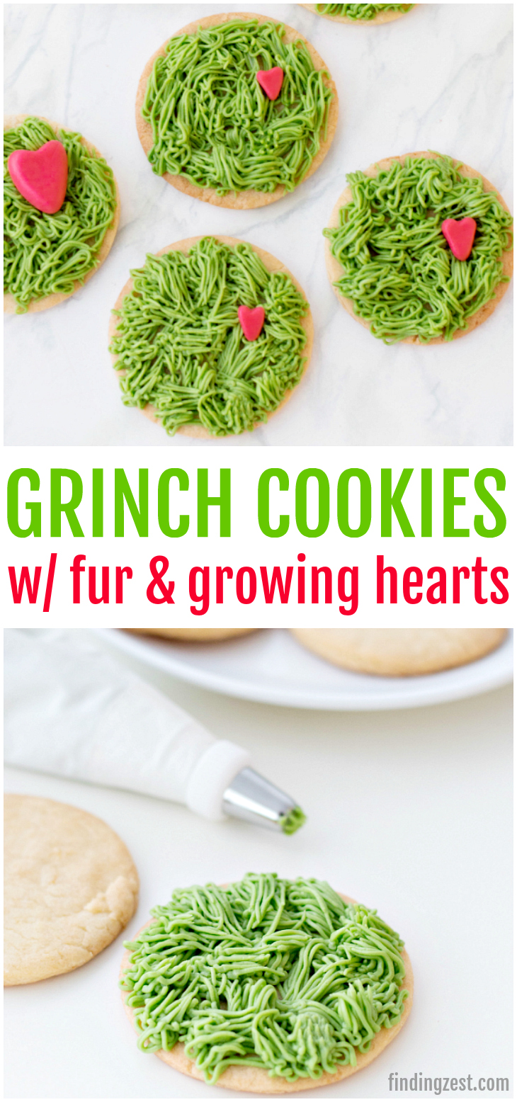 Everyone will love these adorable Grinch Cookies to celebrate the beloved Dr. Seuss character during the holiday season! This sugar cookie features green frosting to look like fur and three sizes of fondant hearts to represent his heart growing three sizes that one fateful day. These Grinch-inspired treats are super easy and fun for all ages to make and enjoy!
