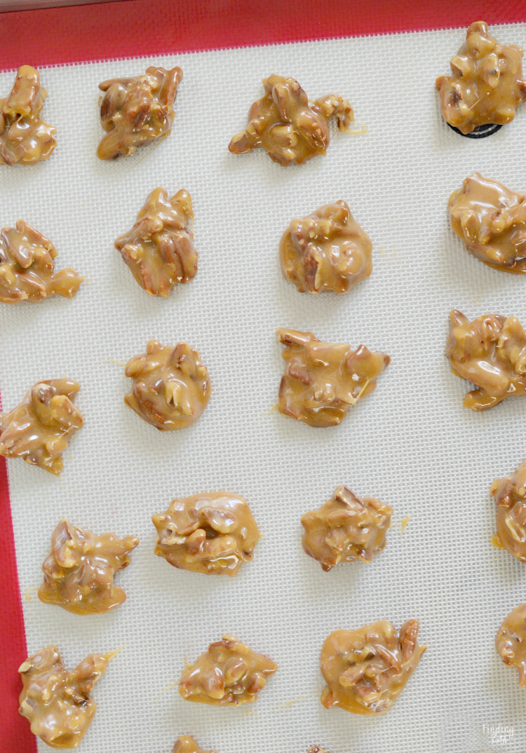 aceste delicioase clustere de caramel pecan sunt rețeta perfectă de bomboane de casă, perfectă pentru sărbători sau Ziua Îndrăgostiților! Dacă vă plac țestoasele de casă, vă va plăcea această bomboană de caramel de pecan mestecată înmuiată în ciocolată pentru un tratament special.'s Day! If you like homemade turtles, you'll love this chewy pecan caramel candy dipped in chocolate for a special treat.