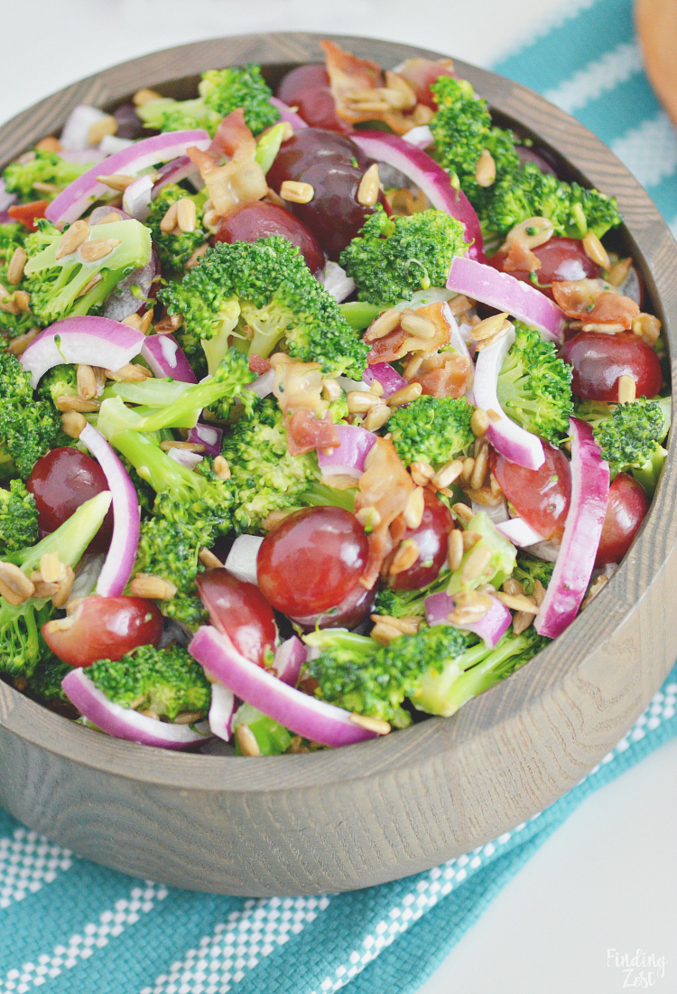 Broccoli salad with bacon grapes and sunflower seeds