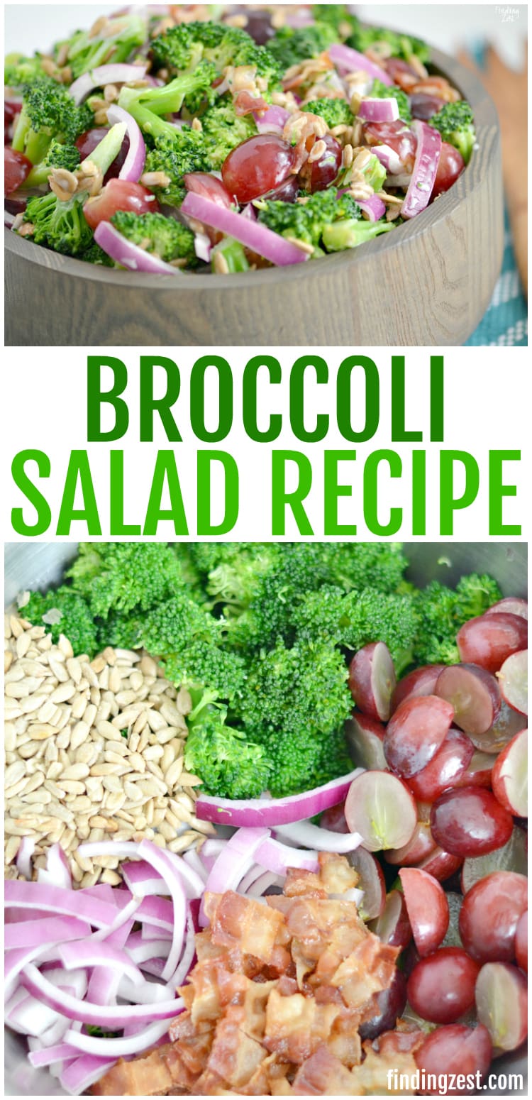 This is the best broccoli salad recipe! Everyone will love this fresh broccoli salad with bacon, grapes and sunflower seeds covered in a mayo dressing. Follow an easy tip to keep your broccoli bright green and really make this side dish stand out. Makes a great potluck salad!