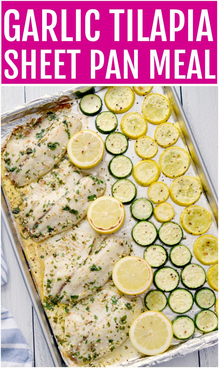 See what I eat in a day with fun and easy meal ideas for lunch, breakfast and dinner. Includes a quick garlic tilapia sheet pan meal idea that can be on your table in just 30 minutes. Your whole family will love this low carb fish dinner with roasted vegetables!