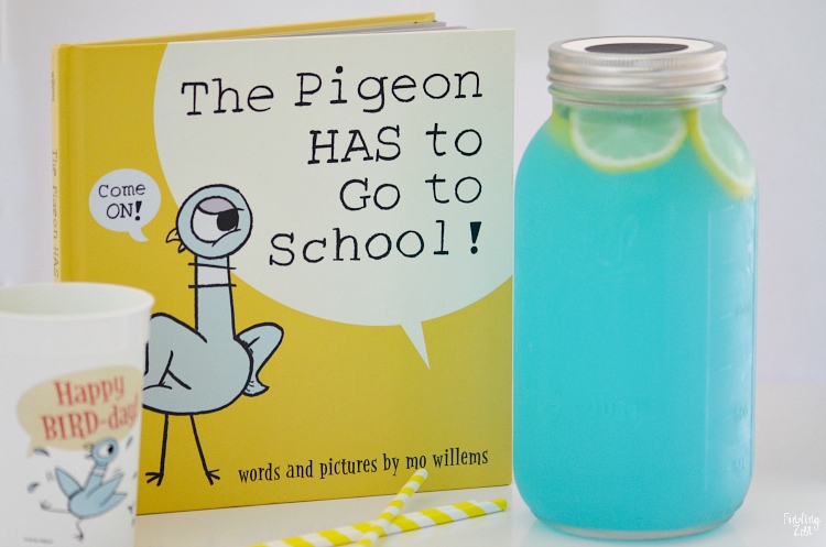 This lemonade punch recipe is the perfect drink to serve guests at your pigeon party! Created in celebration of The Pigeon Has to Go to School by Mo Willems, this blue drink mimics the colors of the beloved book character, Pigeon. Serve this refreshing blue lemonade with lemon slices in a large mason jar to make it super easy to transport.