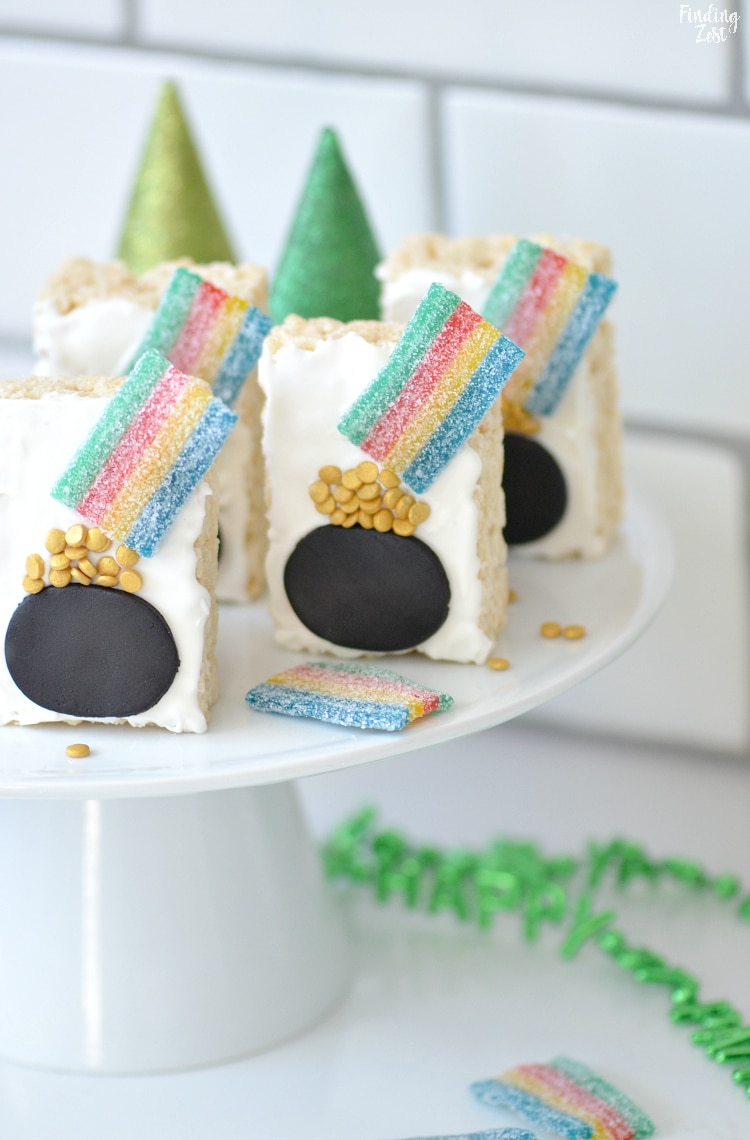 Pot of Gold Rice Krispie Treat with gold confetti and rainbow sour belts