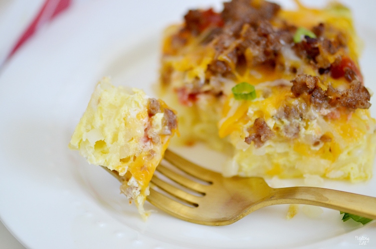 Best breakfast casserole on a plate with fork