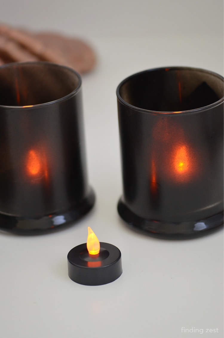 Adding LED teal light candles to spray painted glass votive holders