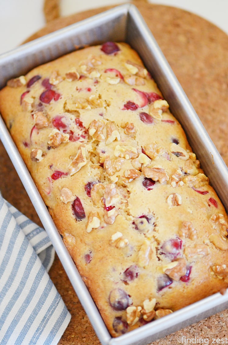 Cranberry Walnut Bread is the perfect addition to your holiday baking list! Whether you add it to a dessert tray or your brunch options for Christmas or Thanksgiving morning, everyone will be coming back for more. Great combination of flavors with fresh cranberries, nuts and orange.