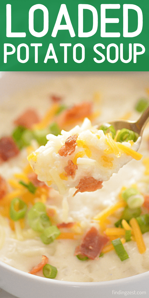 Loaded Potato Soup is a super easy soup recipe featuring cream cheese. Top with additional cheese, bacon and green onion to make it just like a loaded potato! This is an easy dinner option and sure to be a hit with the whole family.
