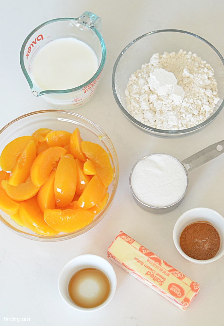 Ingredients needed for a quick peach cobbler recipe