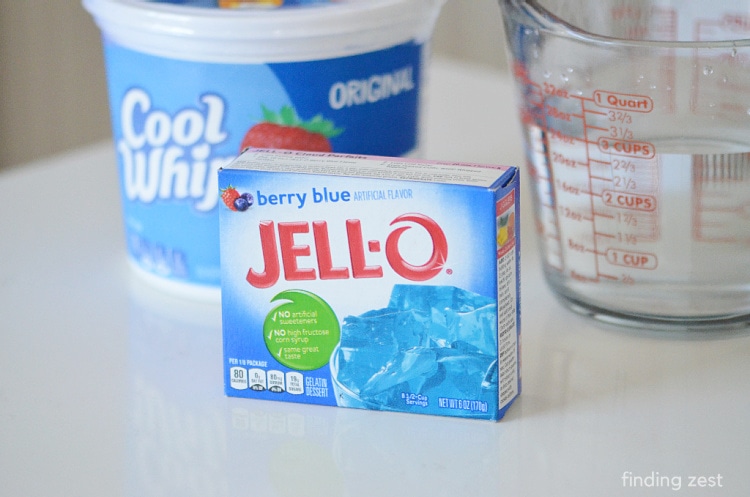 Ingredients needed to make a blue Jello Magic Mousse.