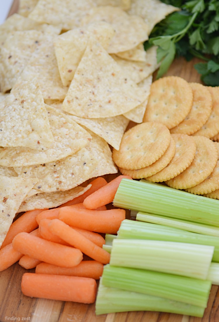 What to serve with hot bacon dip including crackers, chips and veggies.