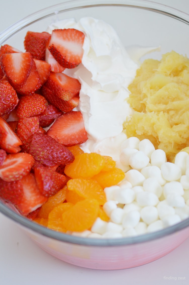 Fluff salad with strawberries ready to mix