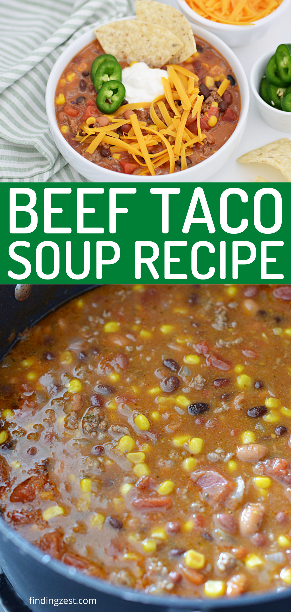 This delicious taco soup is packed with flavor and only takes 7 cans to make! Packed with flavor, this recipe requires minimal effort and is great for busy families. Top with shredded cheese, sour cream or other favorite taco toppings.