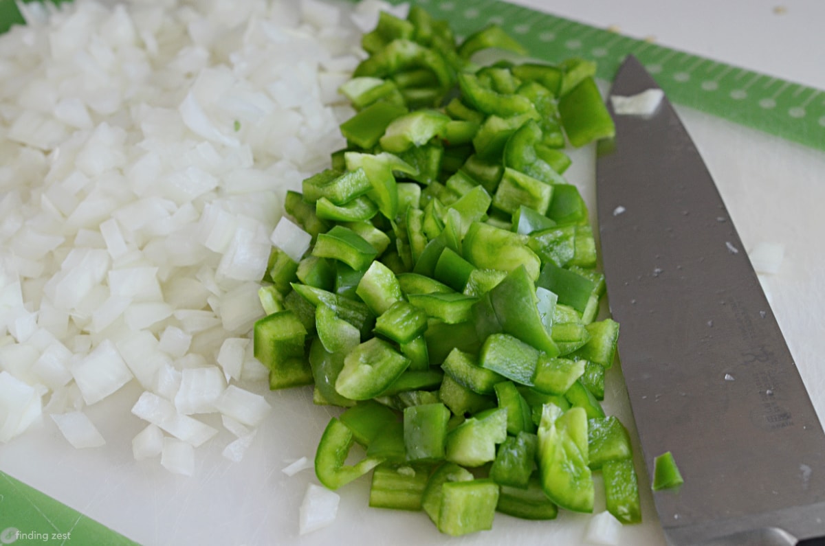 Chopped onions and green pepper for soup
