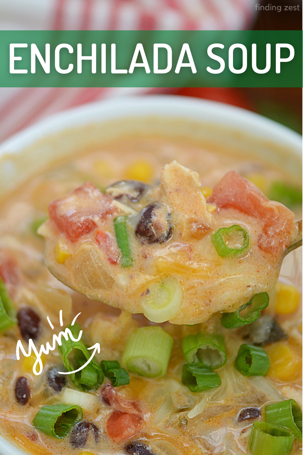 This creamy chicken enchilada soup is a super easy weeknight dinner solution! Featuring leftover rotisserie chicken, this is a no-fuss meal that will fill you up on a cold winter day. This one-pot meal is a great option for busy families!