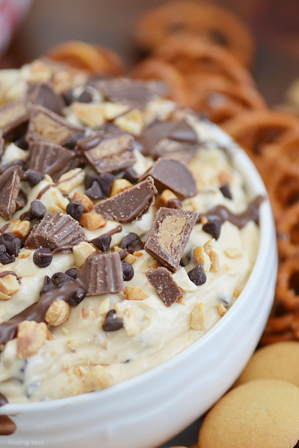 Calling all peanut butter cup lovers! This peanut butter dip is loaded with peanut butter, peanut butter cups, chopped peanuts and mini chocolate chips! This is the perfect dessert dip that is sure to be a hit at any party!