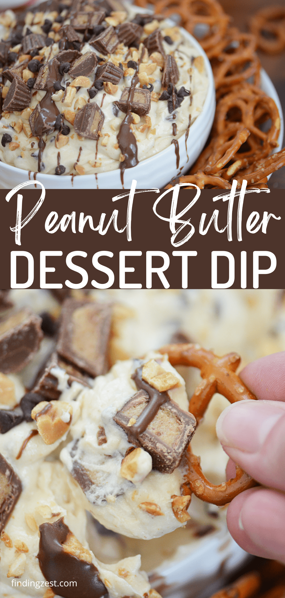 Peanut Butter lovers rejoice with this decadent dessert dip loaded with peanut butter cups, chopped peanuts and mini chocolate chips! Peanut Butter dip makes a perfect party appetizer or no bake dessert option for any holiday or celebration.