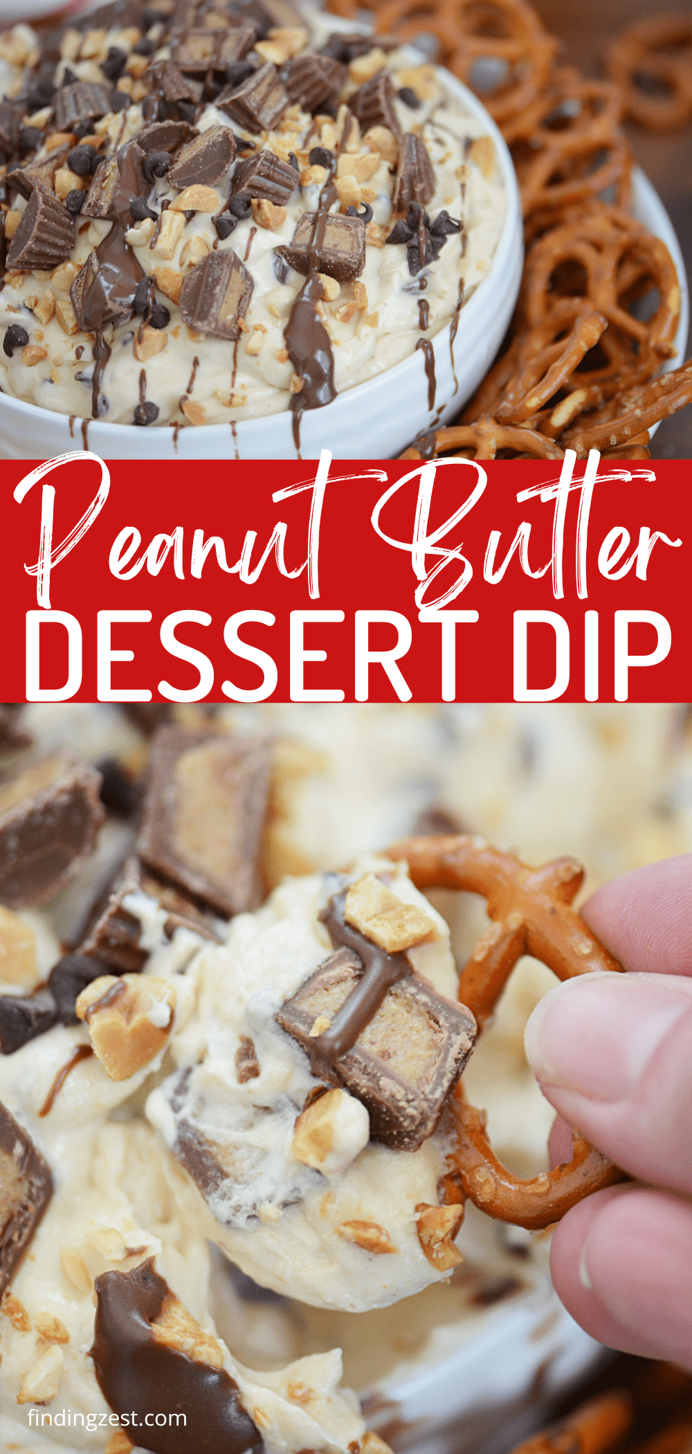 This Peanut Butter Dip is a delicious dessert dip that includes peanut butter, cream cheese, whipped topping, and Reese's peanut butter cups!  Serve with vanilla wafers, pretzels, graham crackers or apples for easy dipping.  Peanut butter lovers will rejoice over this easy no-bake dessert!