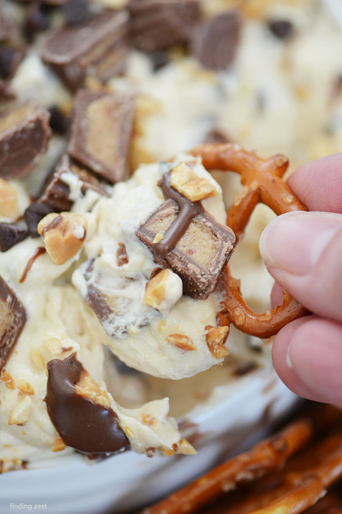 Peanut Butter Dip is amazing! Peanut butter lovers rejoice with this decadent dessert dip loaded with peanut butter cups, chopped peanuts and mini chocolate chips! This easy dip makes a perfect party appetizer or no bake dessert option for any holiday or celebration.