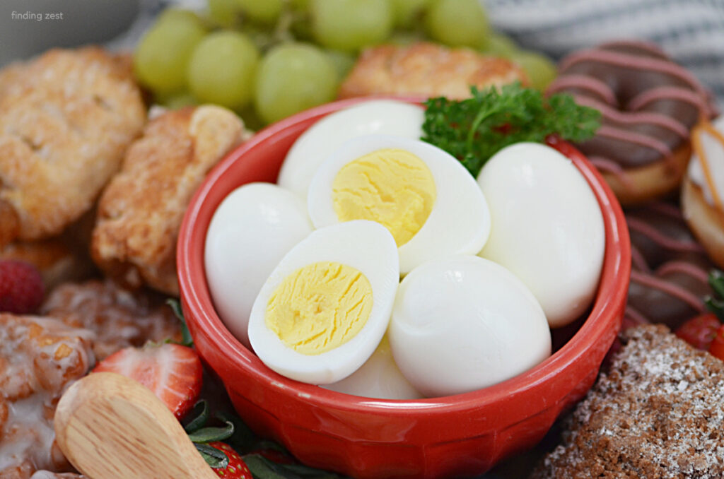 Hard boiled eggs are a great addition to your breakfast charcuterie board!