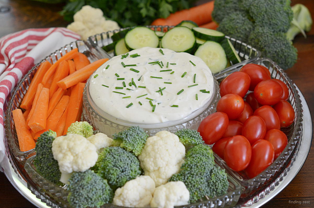 Make a veggie tray with dip for your next gathering. It is a great appetizer or snack year round!
