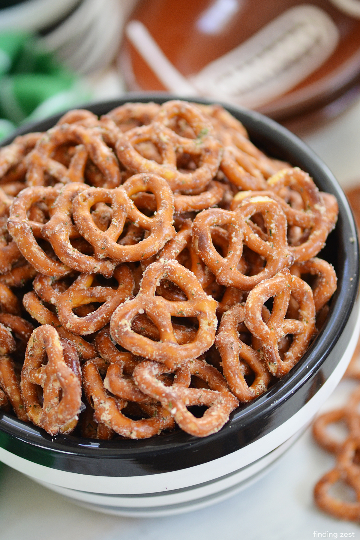 Ranch Dill Pretzels are the ultimate game day snack! Quick and easy to prepare, these seasoned pretzels are loaded with flavor, making them the perfect fan fuel.