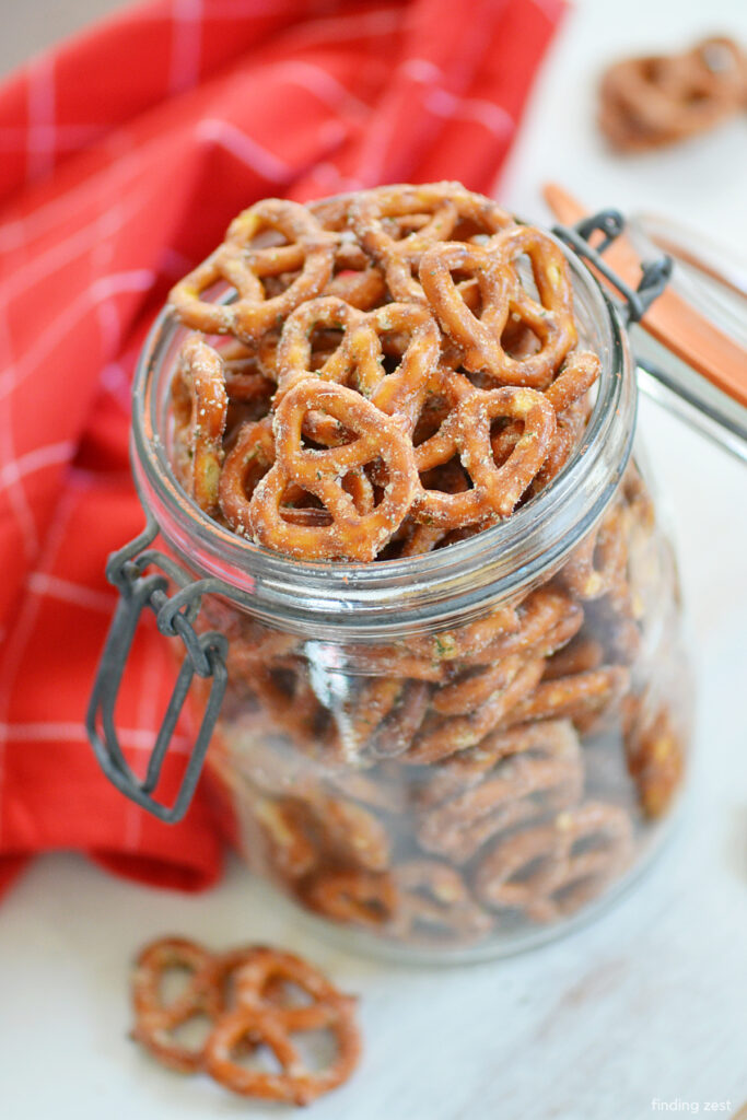 Ranch pretzels are an easy snack for your next holiday party, birthday or game day celebration! These seasoned pretzels are coated in Hidden Valley Ranch seasoning mix, dill and garlic before being baked to perfection. The perfect portable snack, appetizer or homemade food gift!