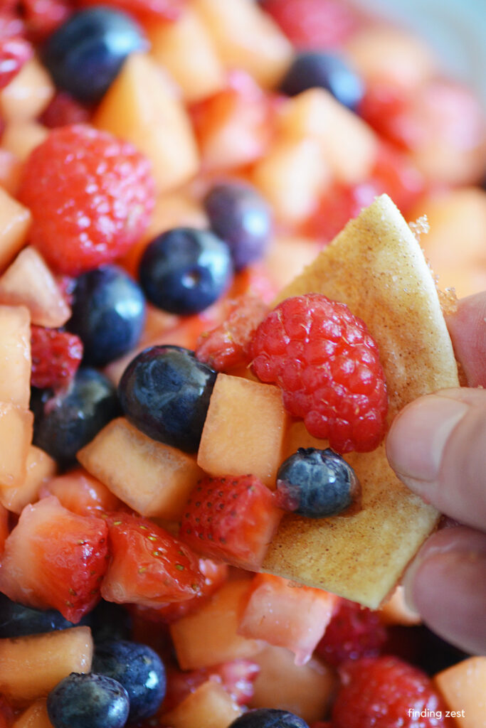 Homemade cinnamon chips with fruit salsa is the ultimate appetizer or light dessert, especially during hot summer months!