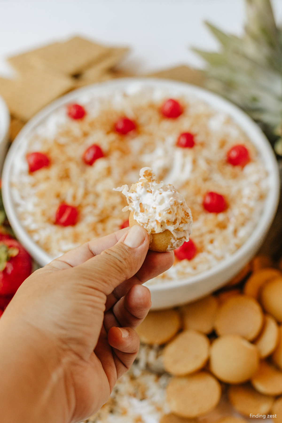 Pina Colada Dip Recipe made with creamy cream cheese, marshmallow fluff, Cool Whip, pineapple, and coconut, perfect for dipping fruit and cookies.